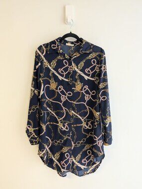 Button up blouse with chain, watch, ribbons and belt print - *missing one button